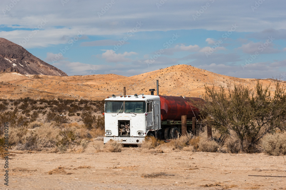 Abandoned broken down tanker truck in the desert outside of Barstow, California
