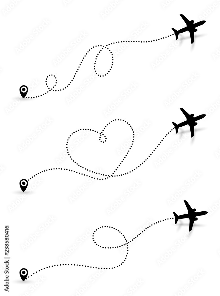 Fototapeta Set of Love travel route. Black Airplane line path icon of air plane flight route with start point and dash line trace. Vector illustration. Isolated on white background.