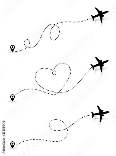 Set of Love travel route. Black Airplane line path icon of air plane flight route with start point and dash line trace. Vector illustration. Isolated on white background.
