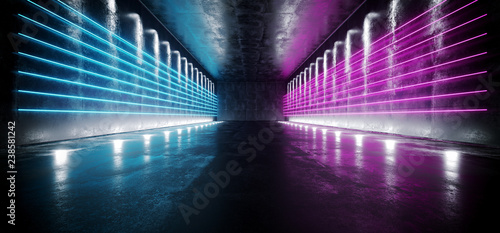Fototapeta Naklejka Na Ścianę i Meble -  Dark Sci-Fi Empty Modern Futuristic Space Ship Tunnel Corridor With Grunge Reflective Concrete Texture And Purple Pink Blue Ice Neon Glowing Line Tubes Lights Background 3D Rendering