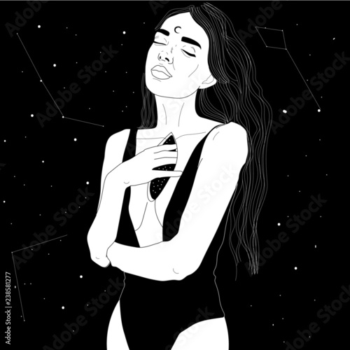 portrait of a beautiful young woman, cosmic illustration, symbolism, mysticism, space inside, philosophical art, sketch of the face of a pretty girl