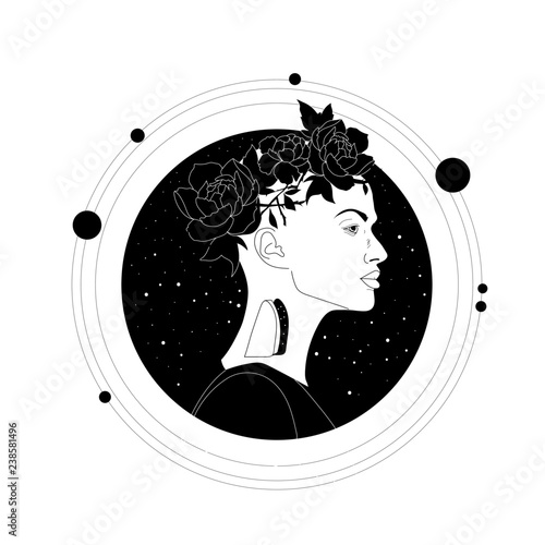 portrait of a beautiful young woman, cosmic illustration, symbolism, mysticism, space inside, philosophical art, sketch of the face of a pretty girl