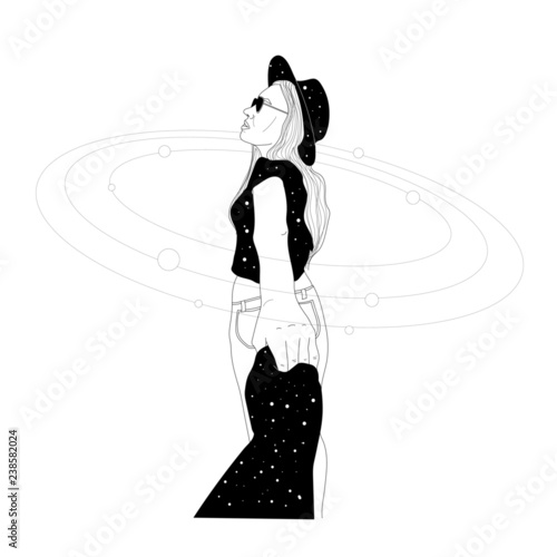 portrait of a beautiful young woman, cosmic illustration, symbolism, mysticism, space inside, philosophical art, sketch of the face of a pretty girl
