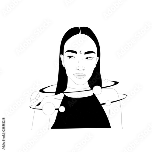 portrait of a beautiful young woman, cosmic illustration, symbolism, mysticism, space inside, philosophical art, sketch of the face of a pretty girl