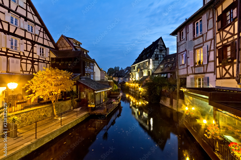 Evening at Petite Venice in Colmar, Alsace, France.