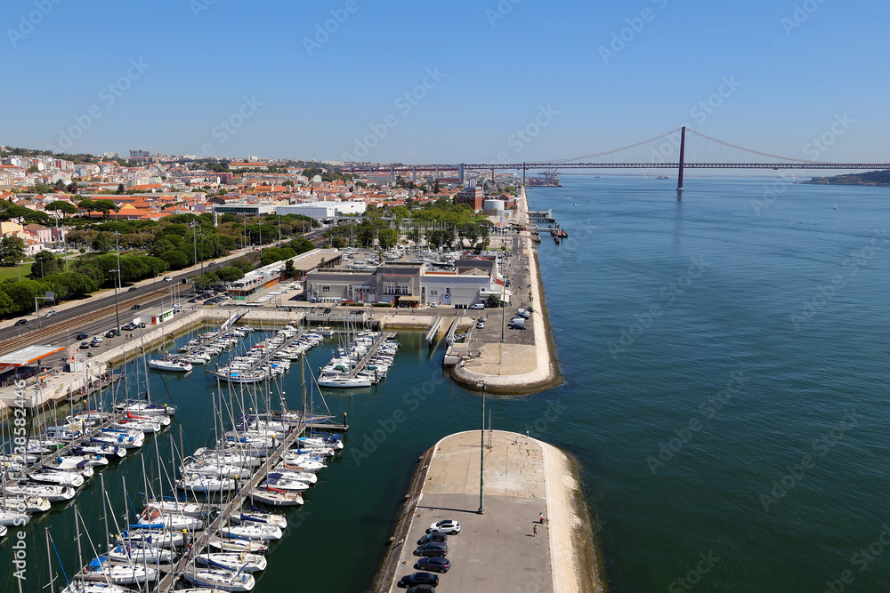View on the Tagus river and the 25 de Abril Bridge in Lisbon, Portugal
