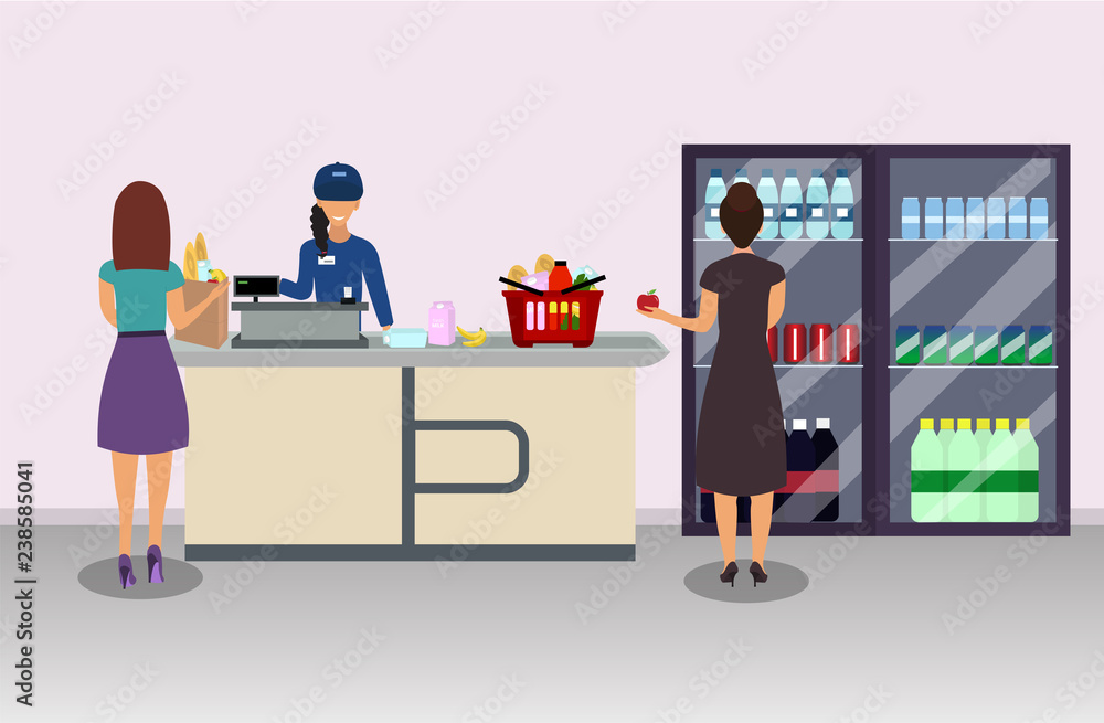 Supermarket cashier and buyer pays purchase. Cash register desk. Cash payment. Vector illustration Supermarket cashier and buyer pays purchase. Cash register desk. Cash payment. Vector illustration