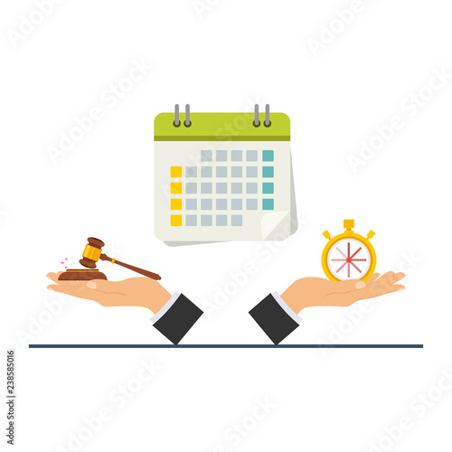 The concept of judicial time, court hearing, time in a court case, time in court, court case victory. Vector illustration.