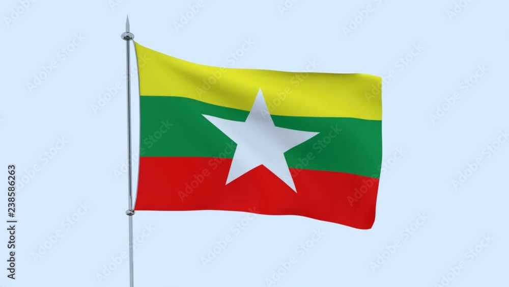 Flag of the country Burma flutters against the blue sky. 3D rendering Flag of the country Burma flutters against the blue sky. 3D rendering