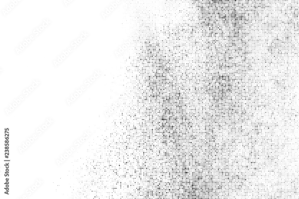 Black Halftone Texture On White Background. Modern Dotted Futuristic Backdrop. Fade Noise Overlay. Digitally Generated Image. Pop Art Style. Vector Illustration, Eps 10.