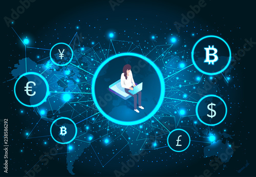 Bitcoin Cryptocurrency Female with Laptop Vector