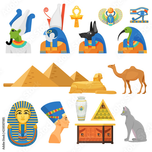 Egypt culture set. Gods, sacred animals, international architectural monument.