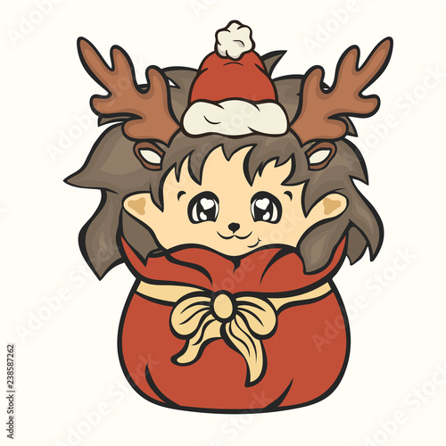 Cute hedgehog in Santa's hat and antler in red bag with gifts vector image isolated. Cartoon hedgehog look out of Santa Claus's sack. Funny hedgehog Children's Xmas mood. Merry Christmas and Happy New