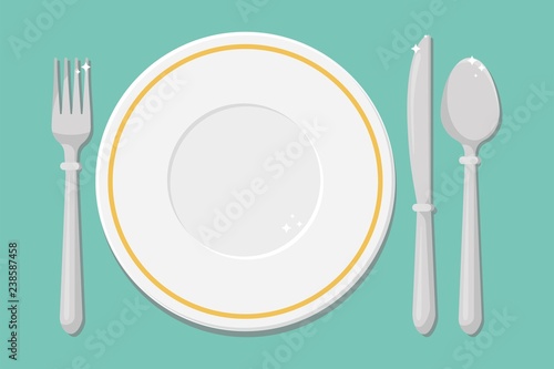 Cutlery on the table, table setting. Empty plate, fork, spoon, knife. Vector illustration.