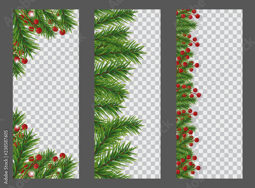 Set Christmas and New Year vertical banner with garland or border of Christmas tree branches and holly berries on transparent background. Holidays decoration. Vector