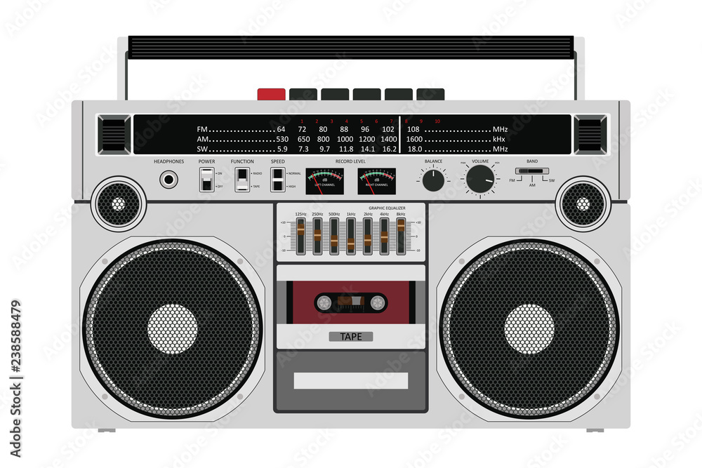 Fototapeta premium Vector old cassette recorder for pushing music with two speakers isolated on white background.