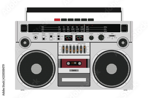 Vector old cassette recorder for pushing music with two speakers isolated on white background.