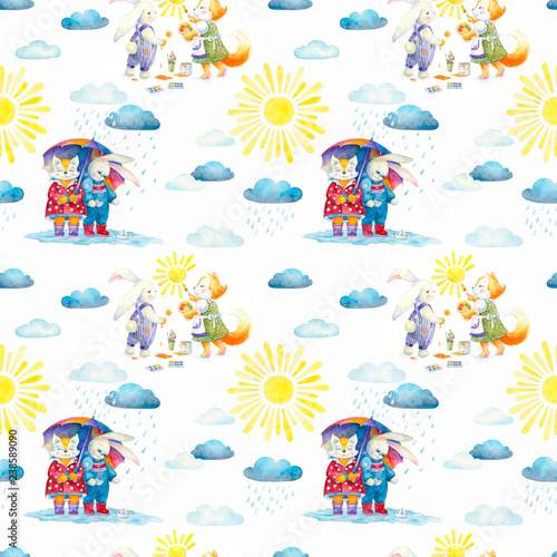 Seamless pattern. Sky with clouds  clouds  rain  sun  bunnies and foxes. Watercolor painting for decoration of cards  invitations  stickers  posters for the children s room  textiles and wallpaper.