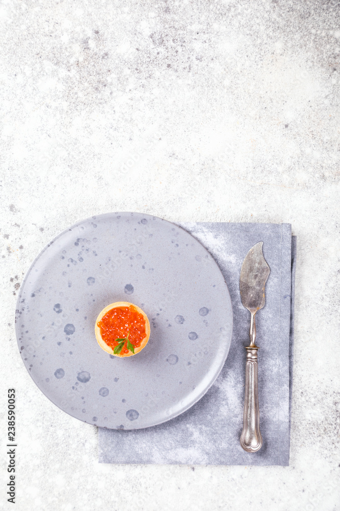 Holidays composition. Red Salmon Caviar in tartlet on a plate. Festive Appetizer on gray background.Copy space for Text. Holidays composition. Red Salmon Caviar in tartlet on a plate. Festive Appetizer on gray background.Copy space for Text.