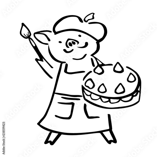 cute costumed vector painter pig with brush and cake