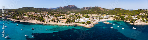 Aerial view, Spain, Balearic Islands, Mallorca, Calvia region, Costa de la Calma, view of Camp de Mar with hotels and beaches