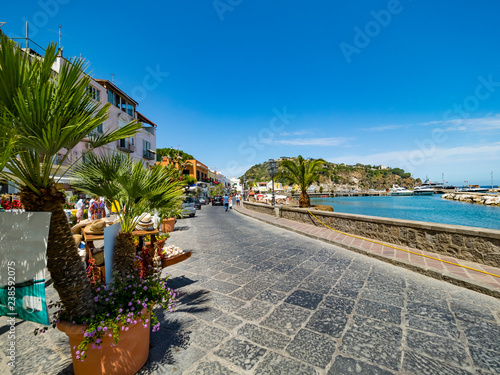 Lacco Ameno, Corso Angelo Rizzoli, beach with colorful houses and restaurant, island of Ischia, Naples, Gulf of Naples, Campania, Italy photo