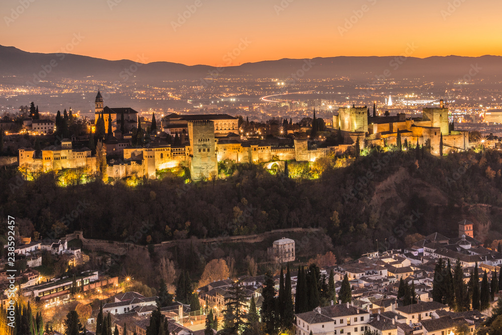 alhambra of granada by night in autumn vibes, cityscape in spain andalusia