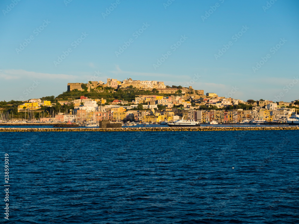 Island Procida with colorful houses in the morning and Marina di Sancio Cattolico, Naples, Gulf of Naples, Campania, Italy