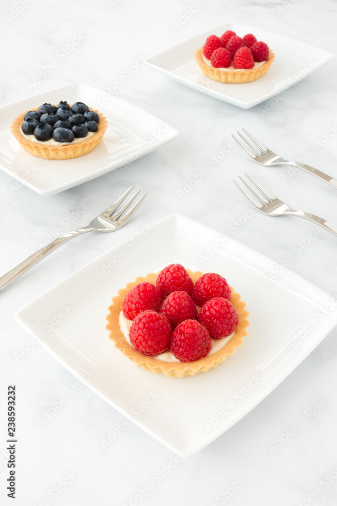 Homemade Raspberry and Blueberry Tartlets on White Marble
