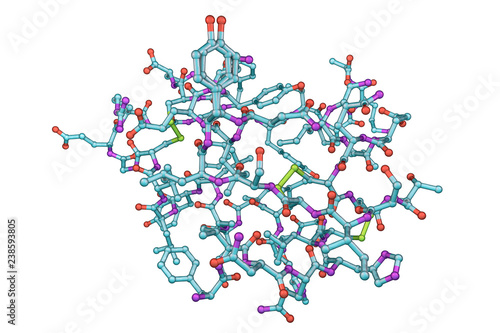 Fototapeta Naklejka Na Ścianę i Meble -  Molecular model of insulin hormone, 3D illustration. It is produced by pancreas and takes part in glucose and lipid metabolism
