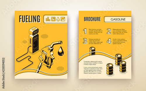 Vector brochure template with 3d isometric gas station, fueling. Booklet, leaflet with oil pistol with nozzle on hose. Drop of ethanol in black line style. Poster, banner for petroleum company.