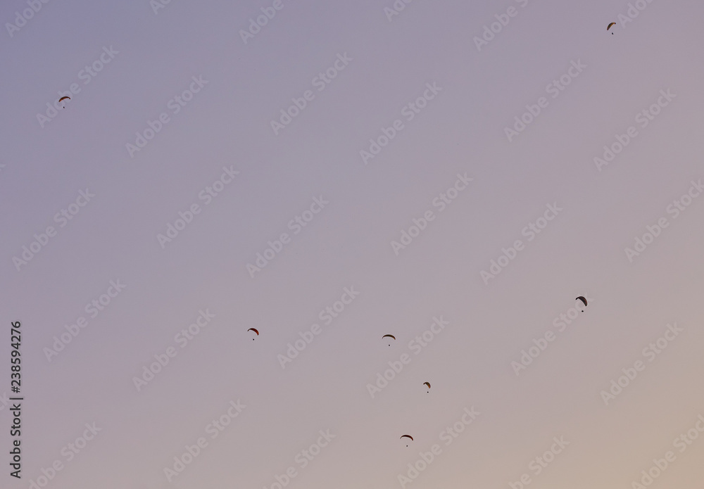 Silhouette Of Paragliders Against Dramatic Sky Silhouette Of Paragliders Against Dramatic Sky