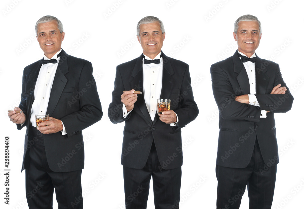 Collage of mature man wearing a tuxedo