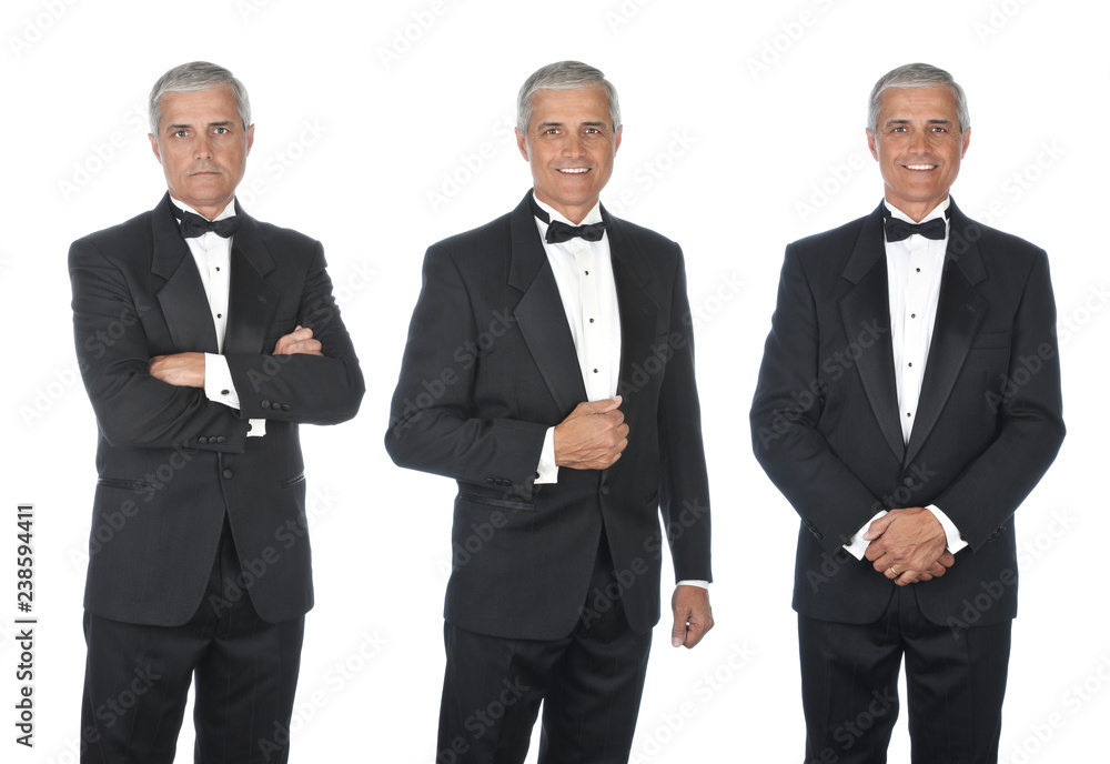 Three views of mature man wearing a tuxedo Three views of mature man wearing a tuxedo