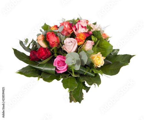 Bouquet of colorful roses on a white background