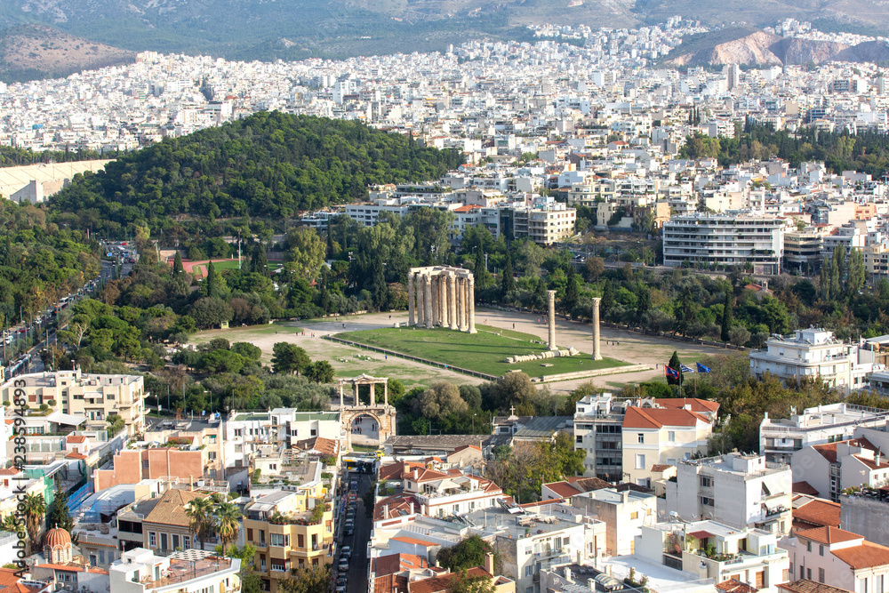 Panoramic view of the Temple of Olympian Zeus, Athens, Greece. Overview of Athens with The Temple of Olympian Zeus in the centre.