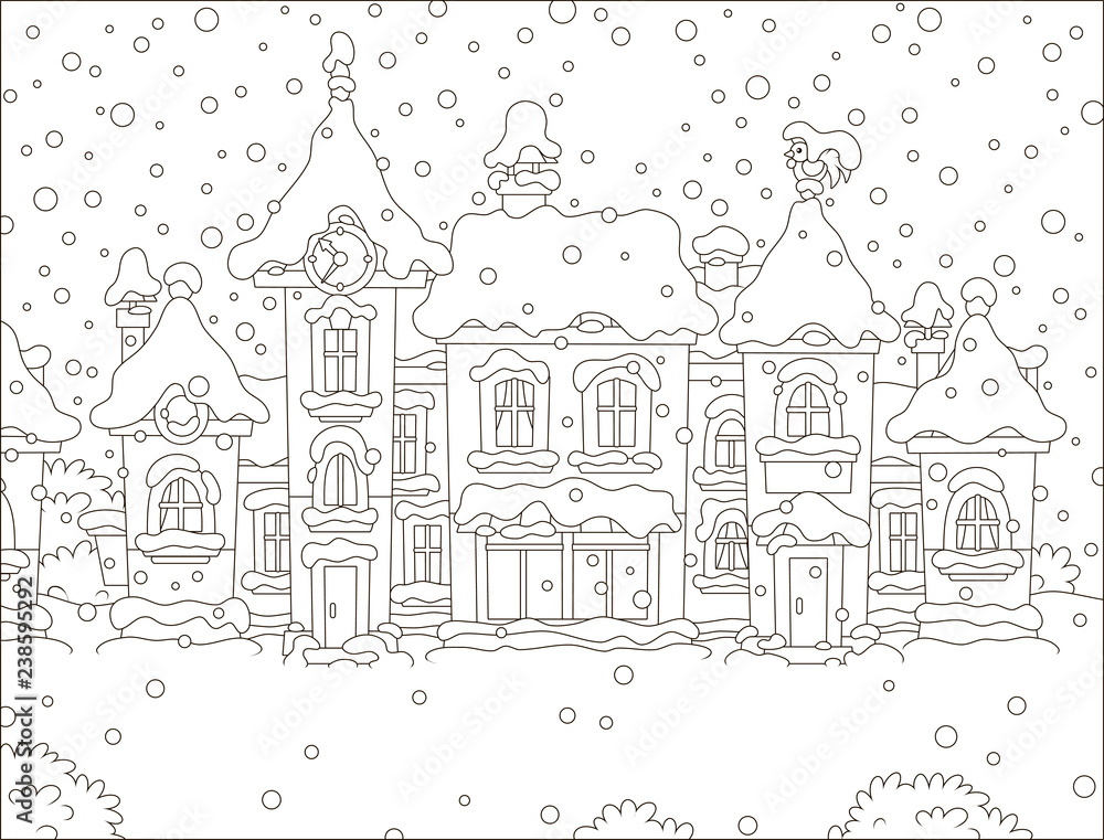 Small houses of a toy town in a snowy winter day, black and white vector illustration in a cartoon style for a coloring book