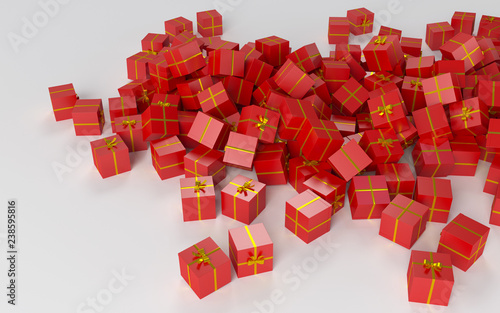 Gift boxes with golden ribbon, scattered around. 