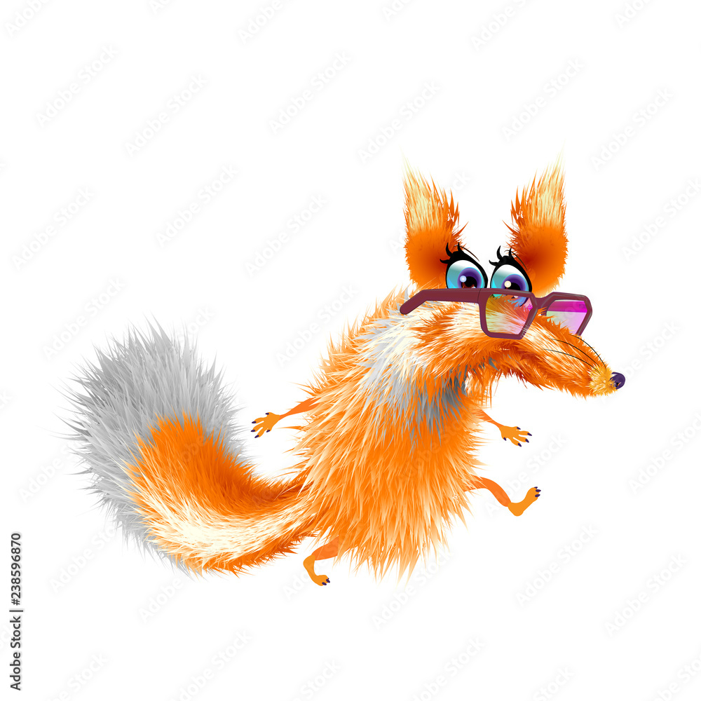 Fluffy cute fox in glasses cartoon on light background. Orange cute, isolated. Vector illustration and funny Fluffy cute fox in glasses cartoon on light background. Orange cute, isolated. Vector illustration and funny