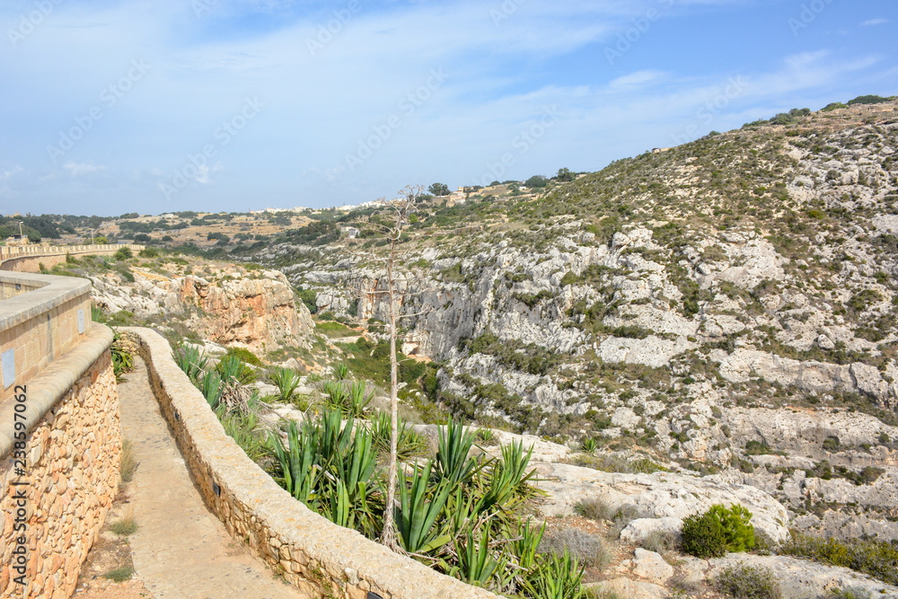Fototapeta premium Famous natural limestone arch of the Blue Grotto and phosphorescent colours of the flora, Blue Grotto is a number of sea caverns on the south coast on Malta, Europe.