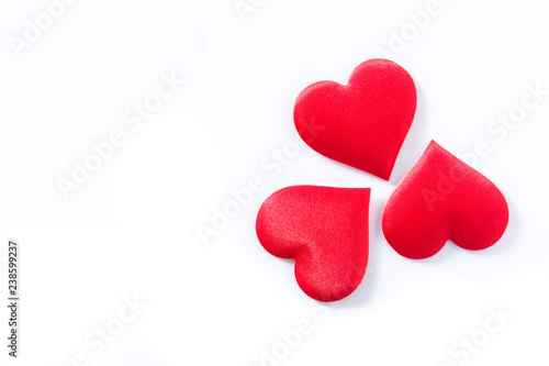 Red hearts pattern isolated on white background. Top view. Copyspace