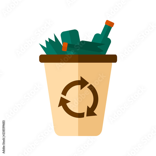 Rubbish krzina with smashed butylcums. Waste garbage. Isolated vector illustration on white background. The trash can is full. Vector illustration. EPS 10.