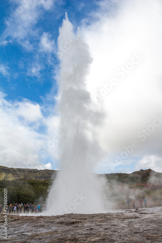 Geysir Strokkur in Iceland erupts with tall fountain