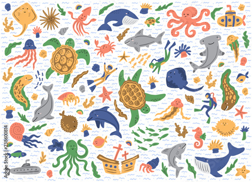 Fototapeta Naklejka Na Ścianę i Meble -  Set of sea animals. Isolated on white background. Cute childish illustrations. Vector stickers template