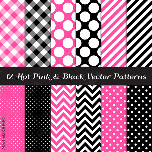 Hot Pink, Black and White Gingham, Chevron, Polka Dot and Candy Stripes Patterns. Modern Geometric Backgrounds. Repeating Pattern Tile Swatches Included.