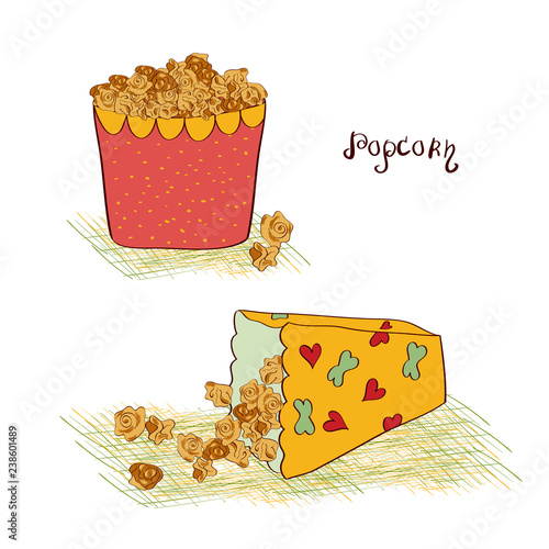 Popcorn. Glass, pack. Sketch. Set. photo