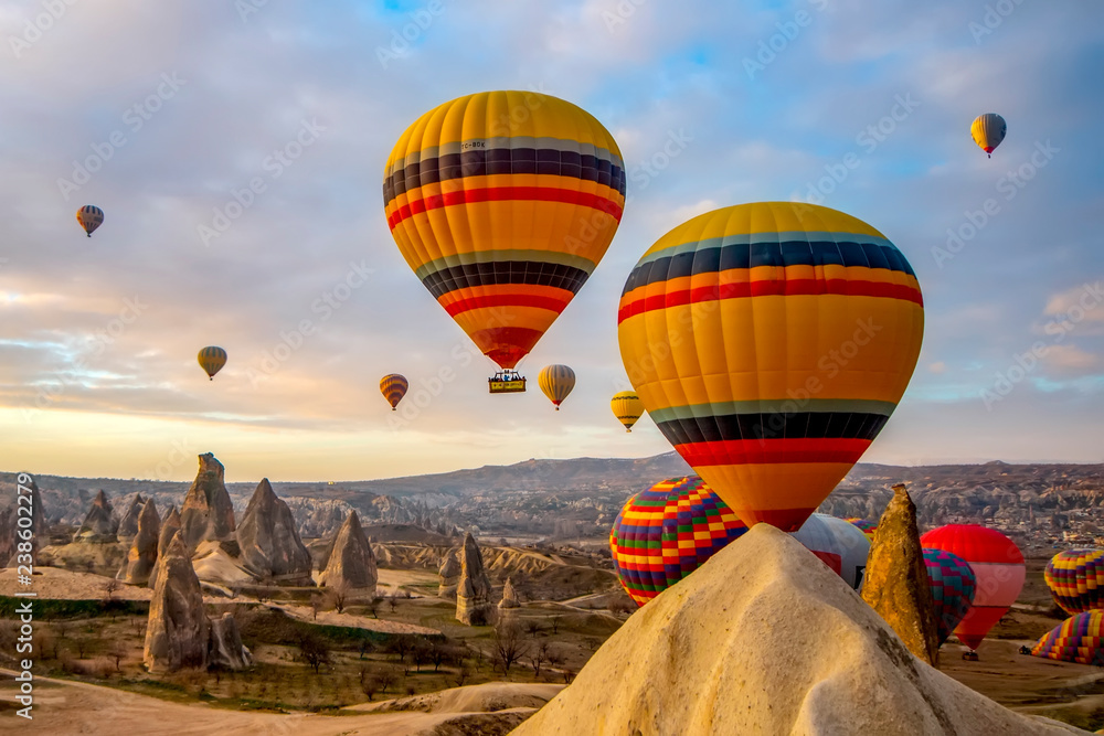 Obraz premium Hot air balloon flying over spectacular Cappadocia