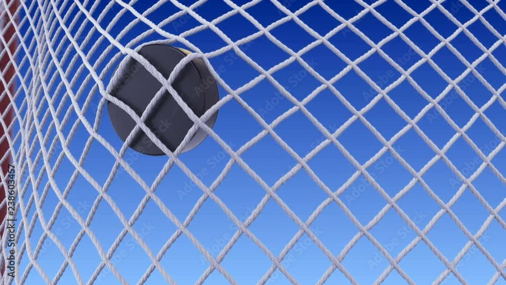 Hockey Puck Flies into Gates Net Waving in Slow Motion on Blue Sky