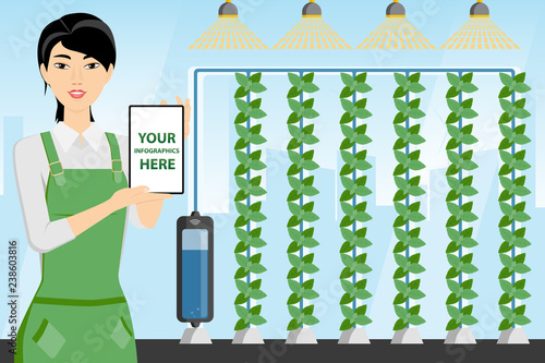Asian woman farmer with tablet computer in a greenhouse. White screen, you can add your infographic here.