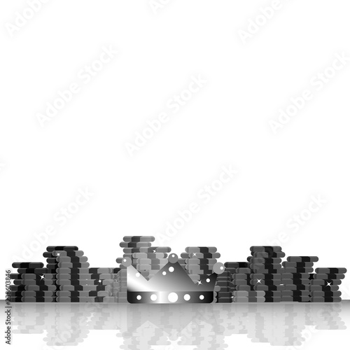 Silver coins, bitcoin, money and king crown reward with stars shine sparkle richness flat design cryptocurrency concept abstract background vector illustration